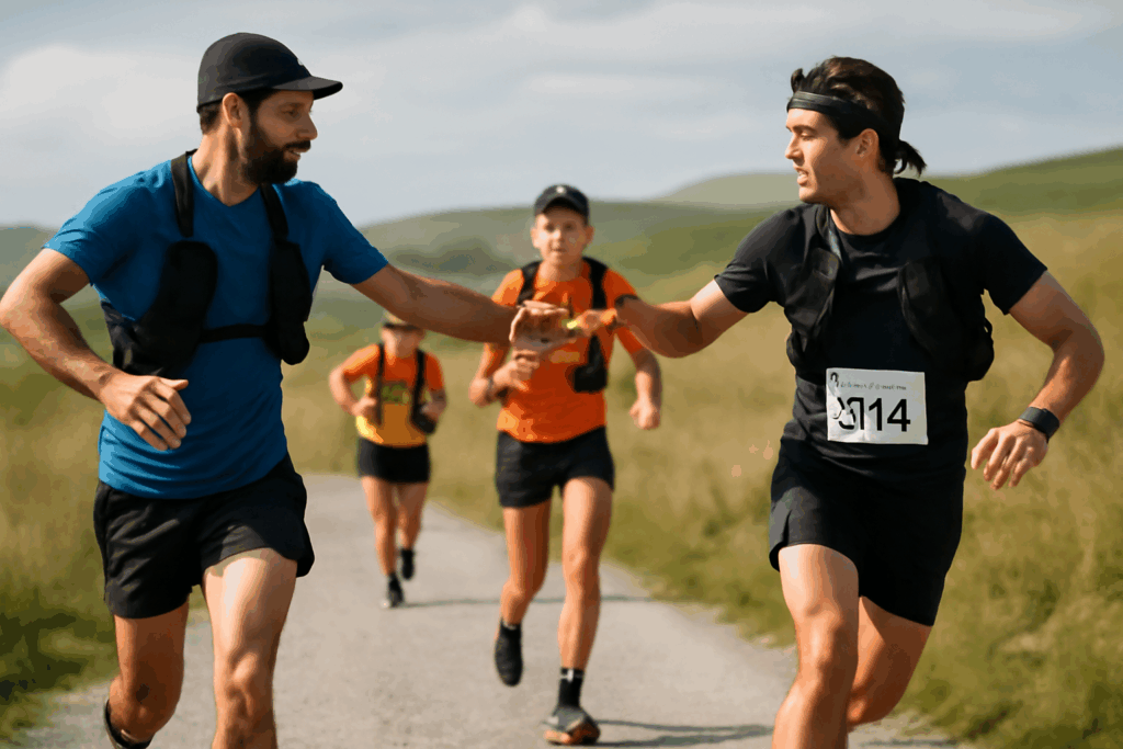 Dois atletas em movimento, trocando o bastão de revezamento enquanto correm, simbolizando o trabalho em equipe e a continuidade da corrida.