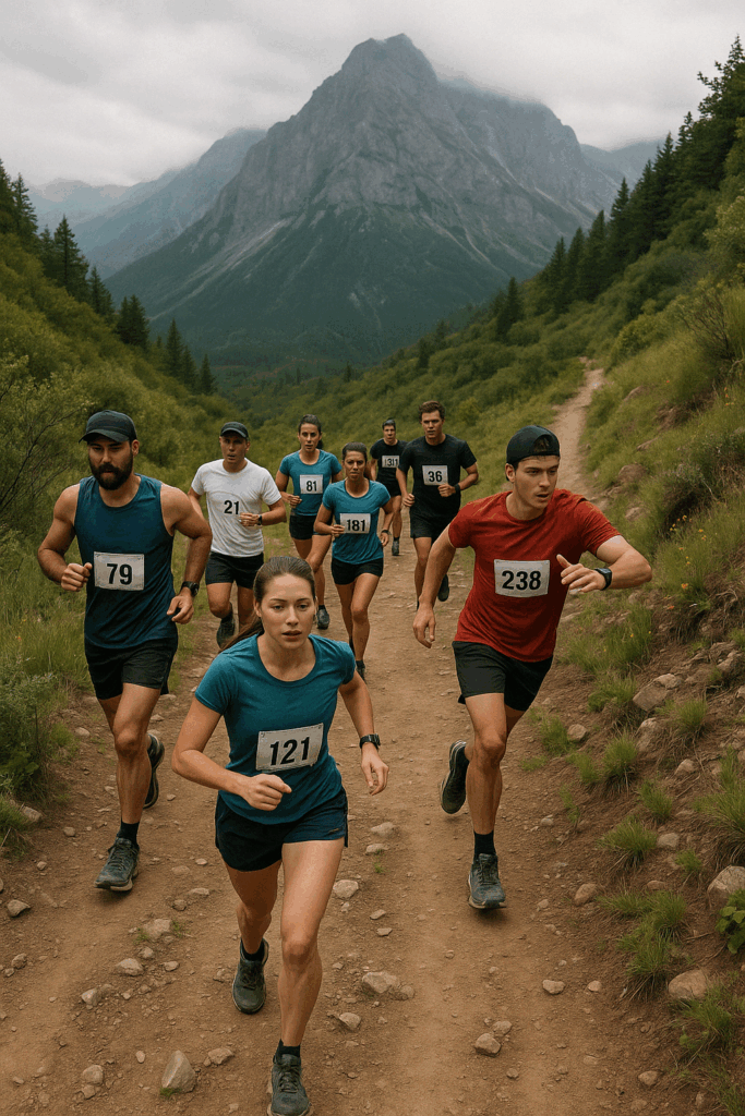 Atleta correndo em uma trilha ao ar livre, com uma montanha imponente e nuvens suavemente coberta no fundo, criando um cenário inspirador de natureza e desafio.