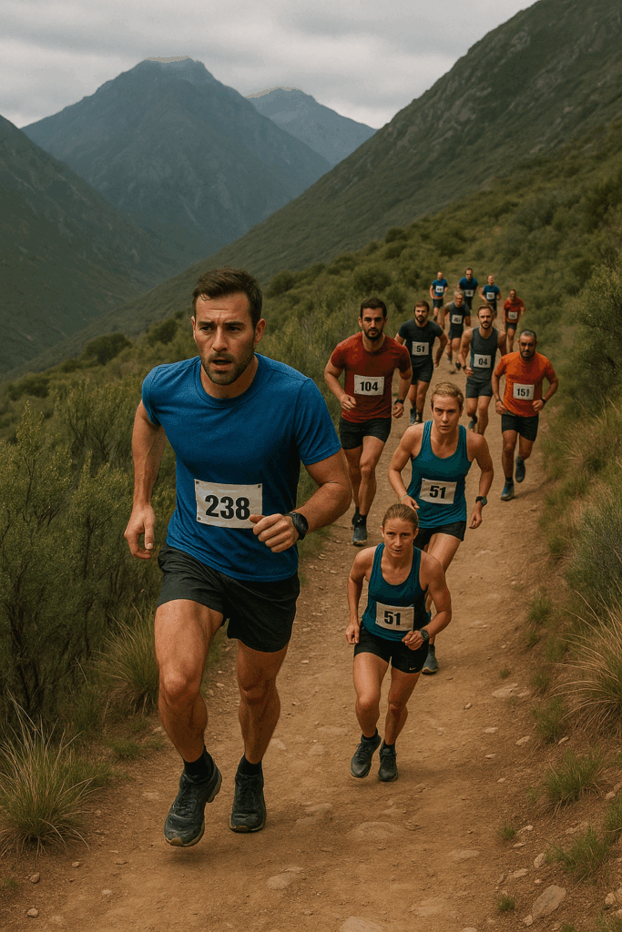 Corredores em uma trilha ao ar livre, com terreno de terra e vegetação ao redor, demonstrando foco e determinação durante uma corrida de resistência.