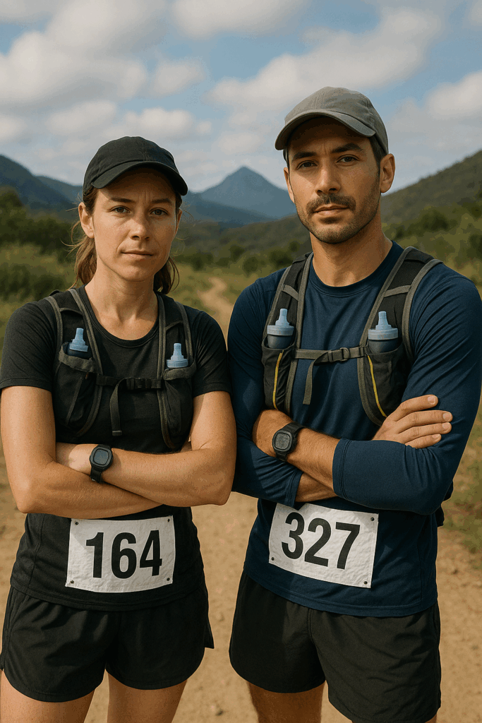 Dois atletas de ultramaratona, um homem e uma mulher, posando na trilha com expressões sérias. Ambos usam mochilas de hidratação, roupas esportivas e números de corrida visíveis, com as montanhas ao fundo.